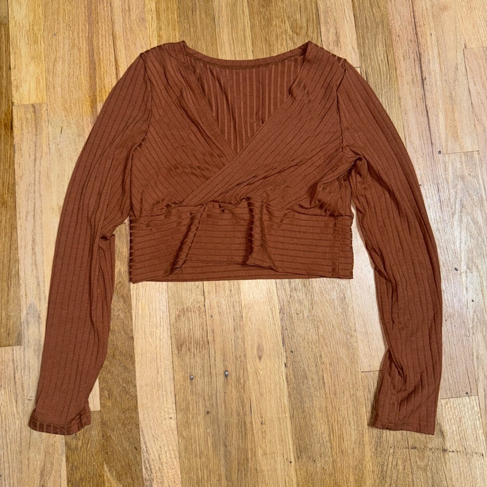 SHEIN Brown Ribbed Wrap Crop Blouse